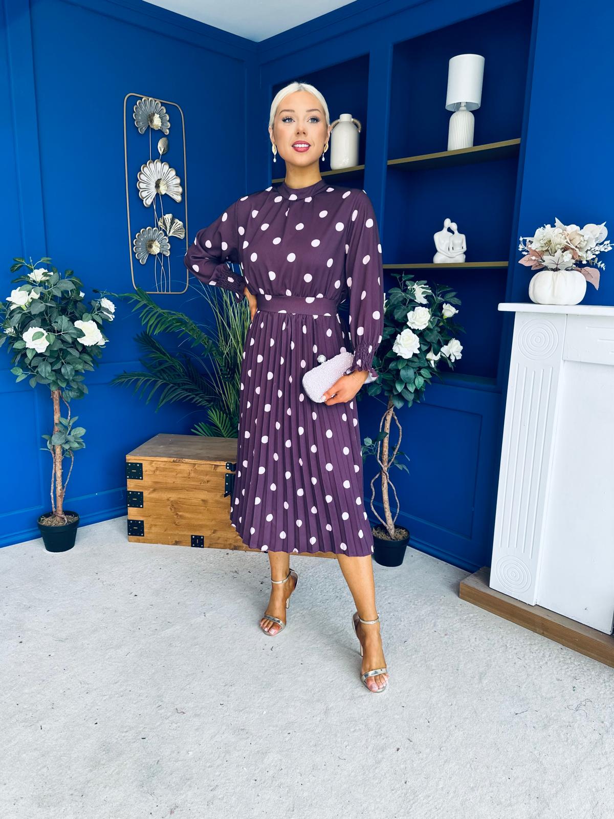 Maeve Pleated Midi Dress Polka Burgundy