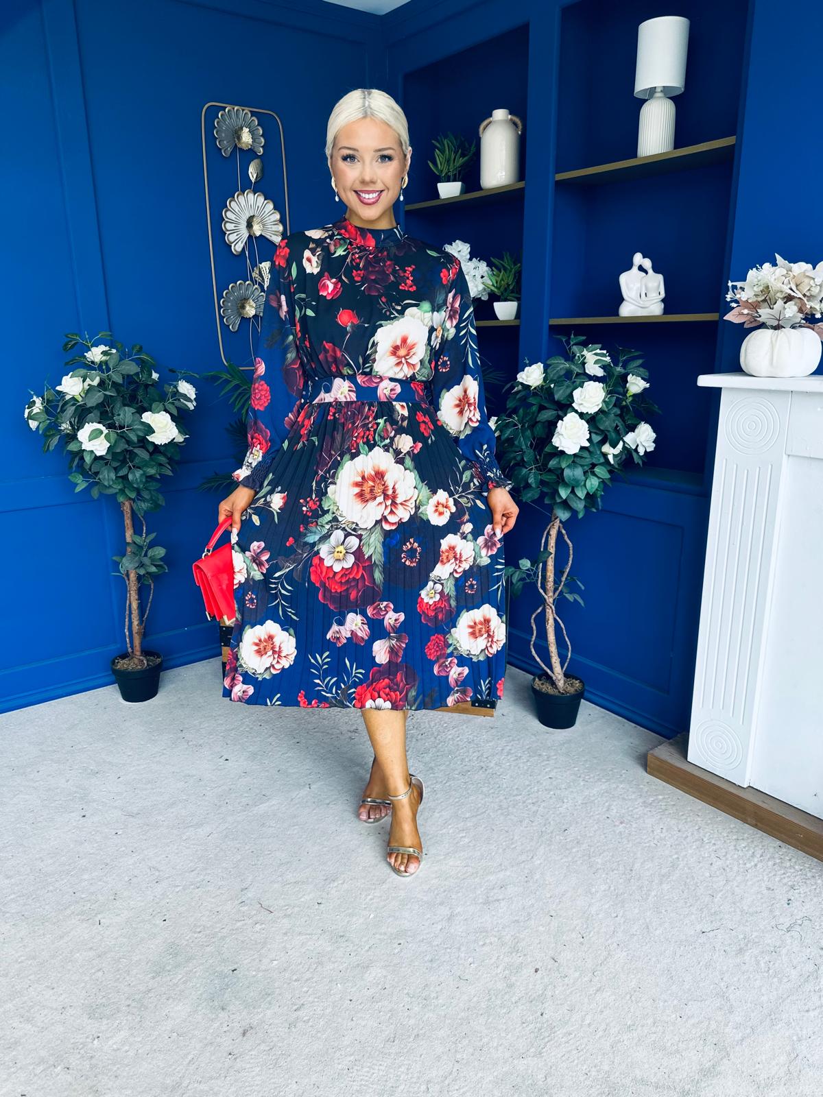 Maeve Pleated Midi Dress Floral Black