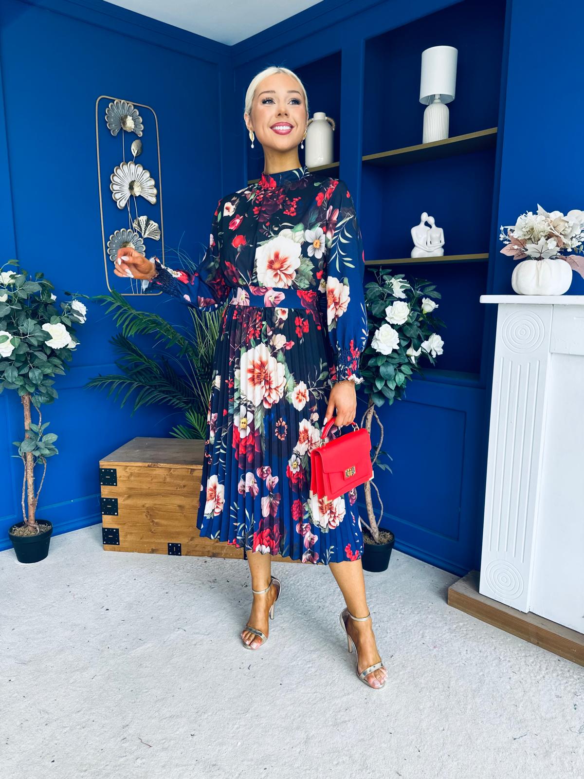 Maeve Pleated Midi Dress Floral Black