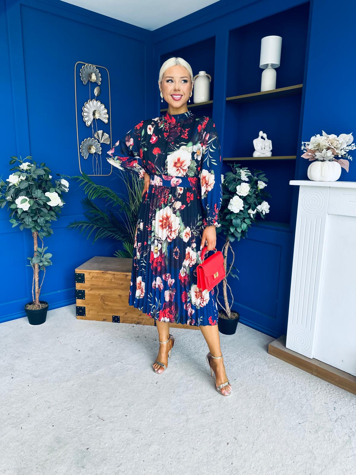 Maeve Pleated Midi Dress Floral Black