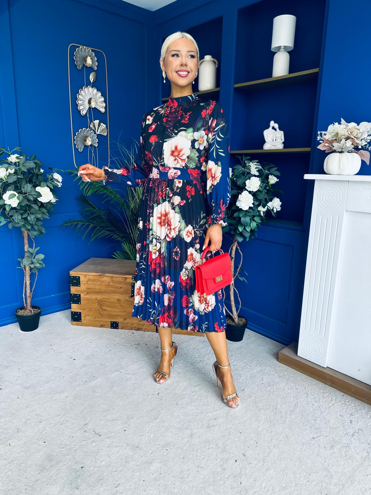 Maeve Pleated Midi Dress Floral Black