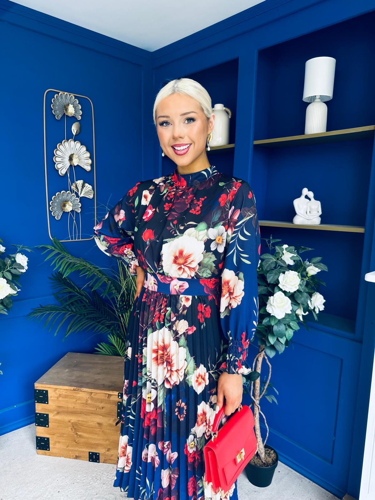 Maeve Pleated Midi Dress Floral Black