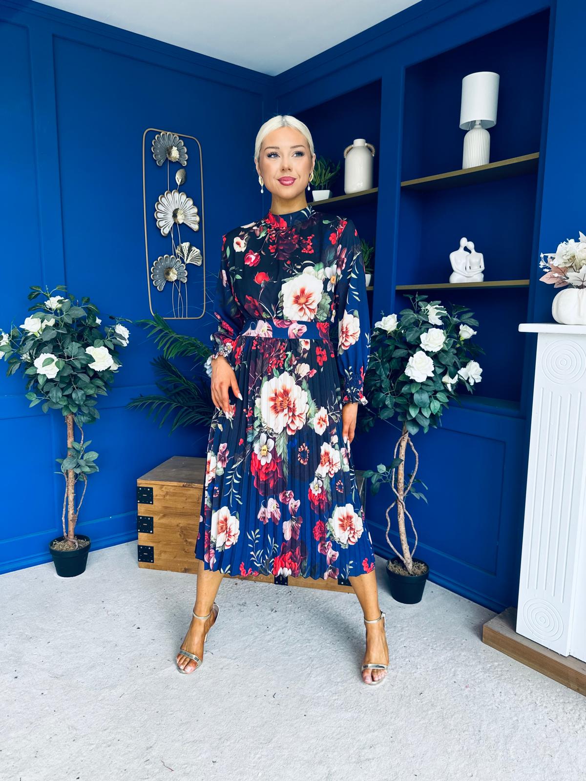 Maeve Pleated Midi Dress Floral Black