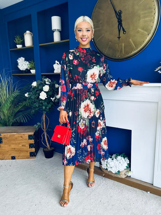 Maeve Pleated Midi Dress Floral Black