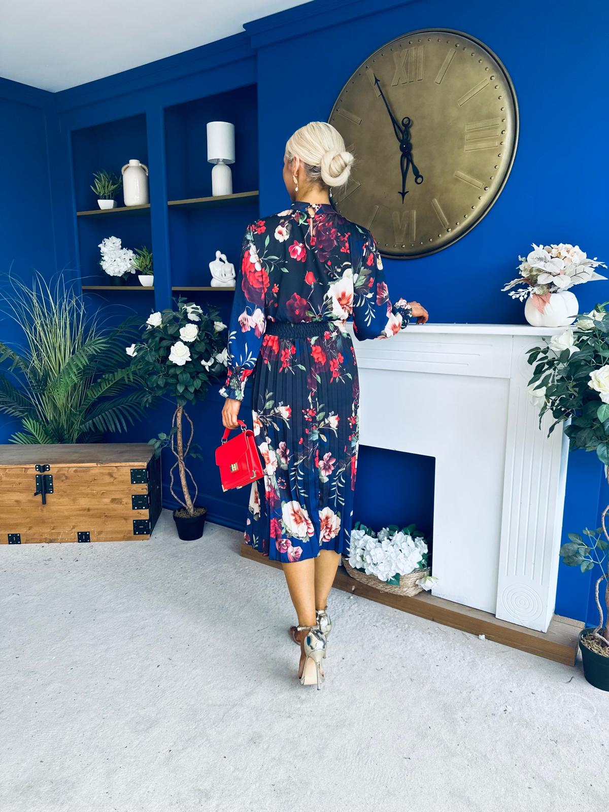 Maeve Pleated Midi Dress Floral Black