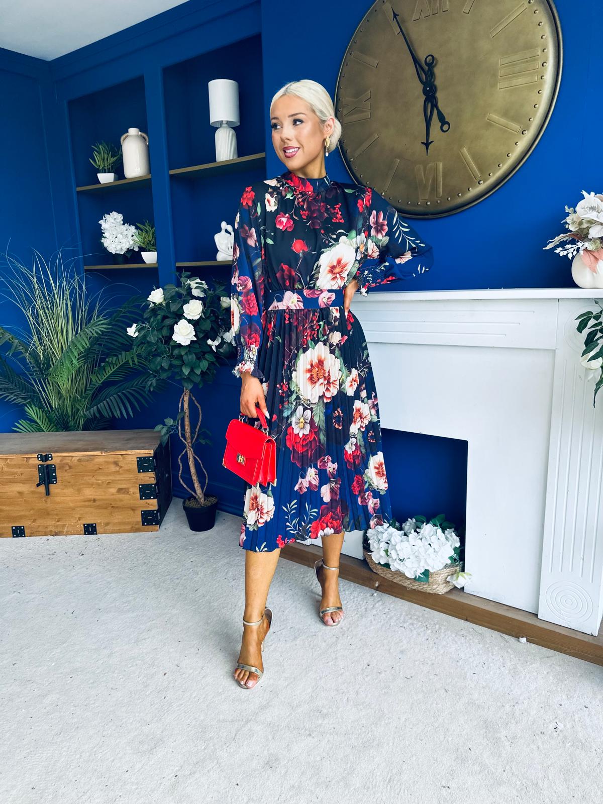 Maeve Pleated Midi Dress Floral Black