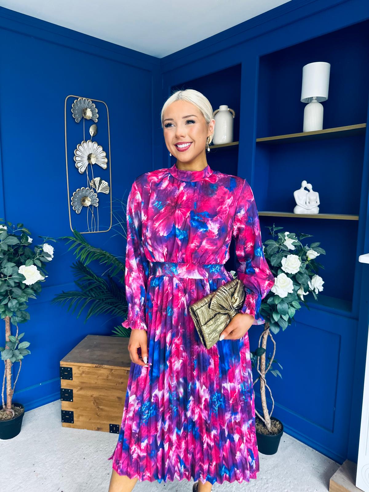 Maeve Pleated Midi Dress Floral Fuchsia