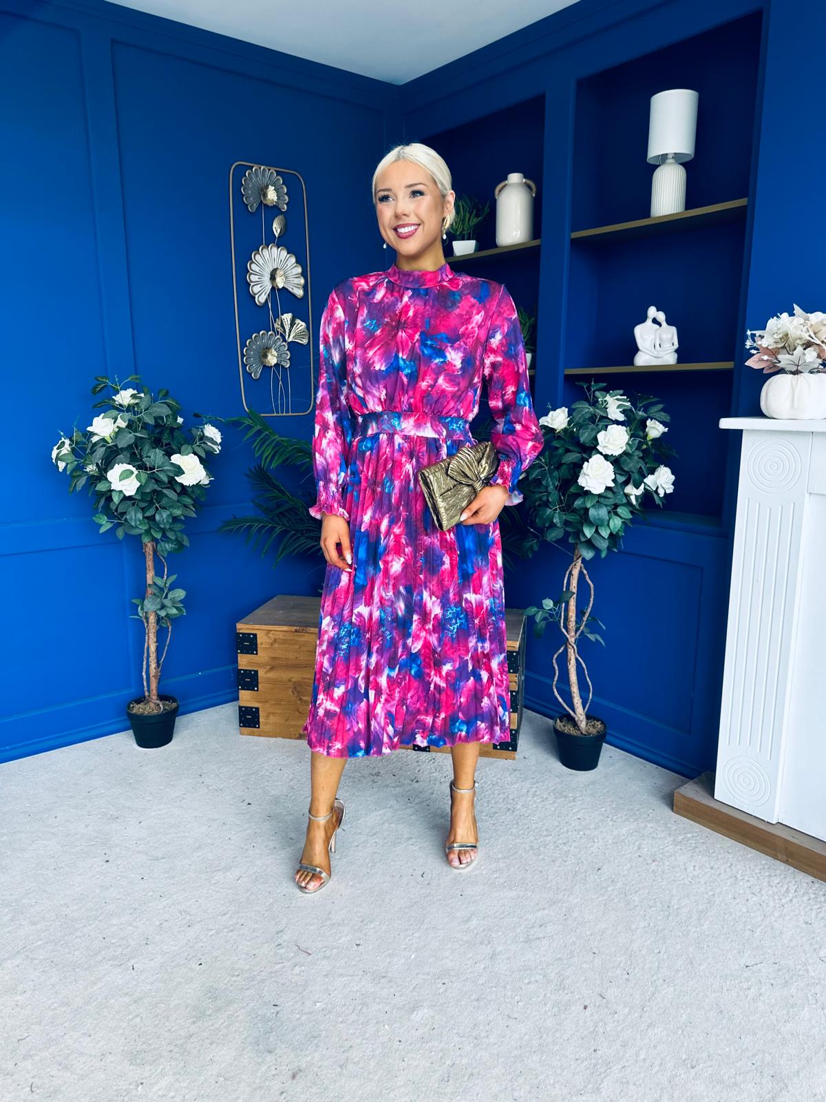 Maeve Pleated Midi Dress Floral Fuchsia
