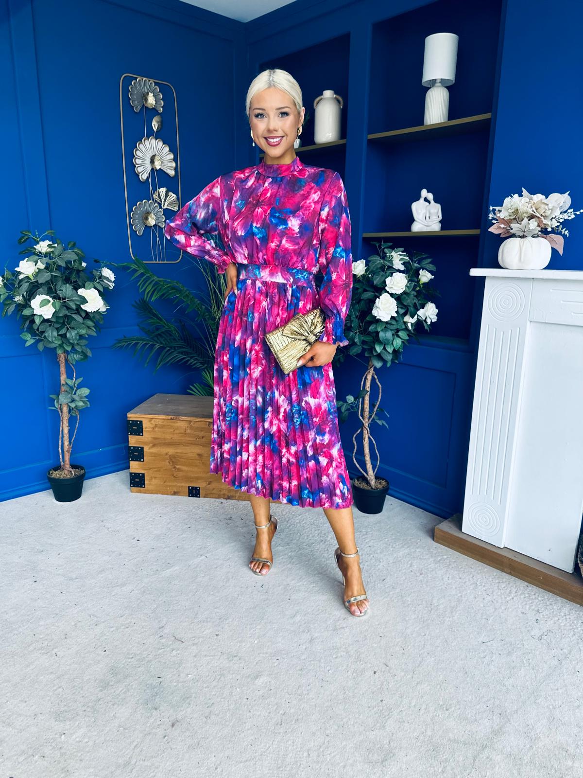 Maeve Pleated Midi Dress Floral Fuchsia