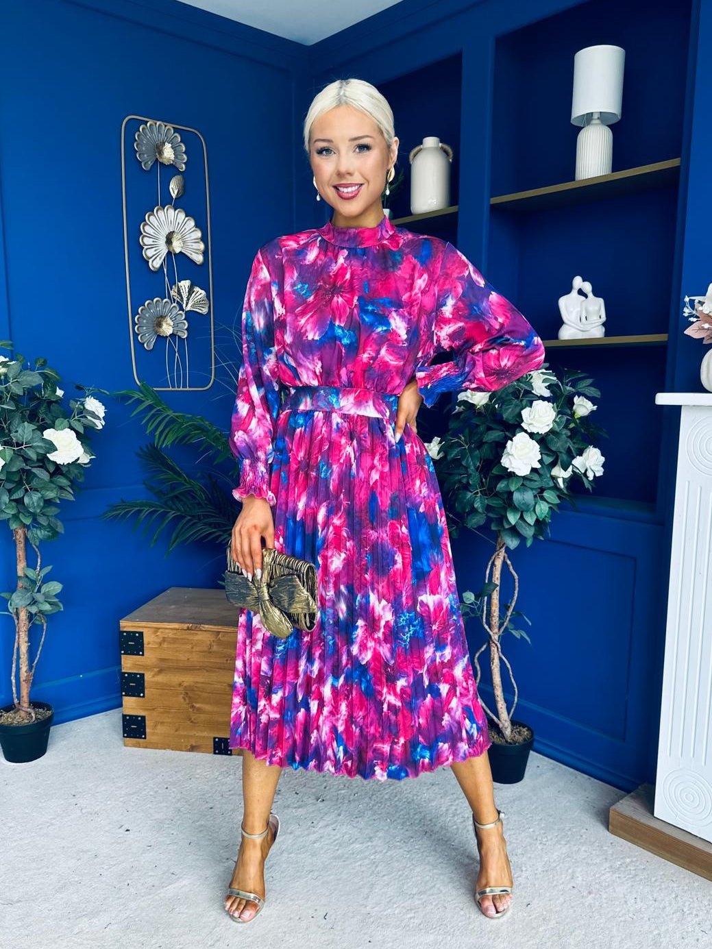 Maeve Pleated Midi Dress Floral Fuchsia