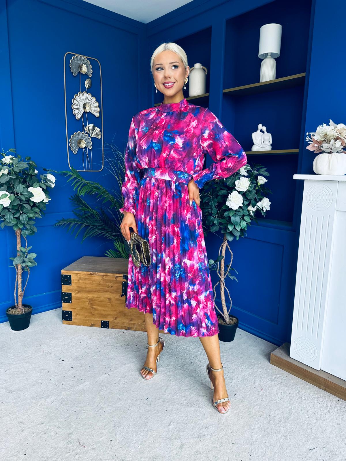 Maeve Pleated Midi Dress Floral Fuchsia
