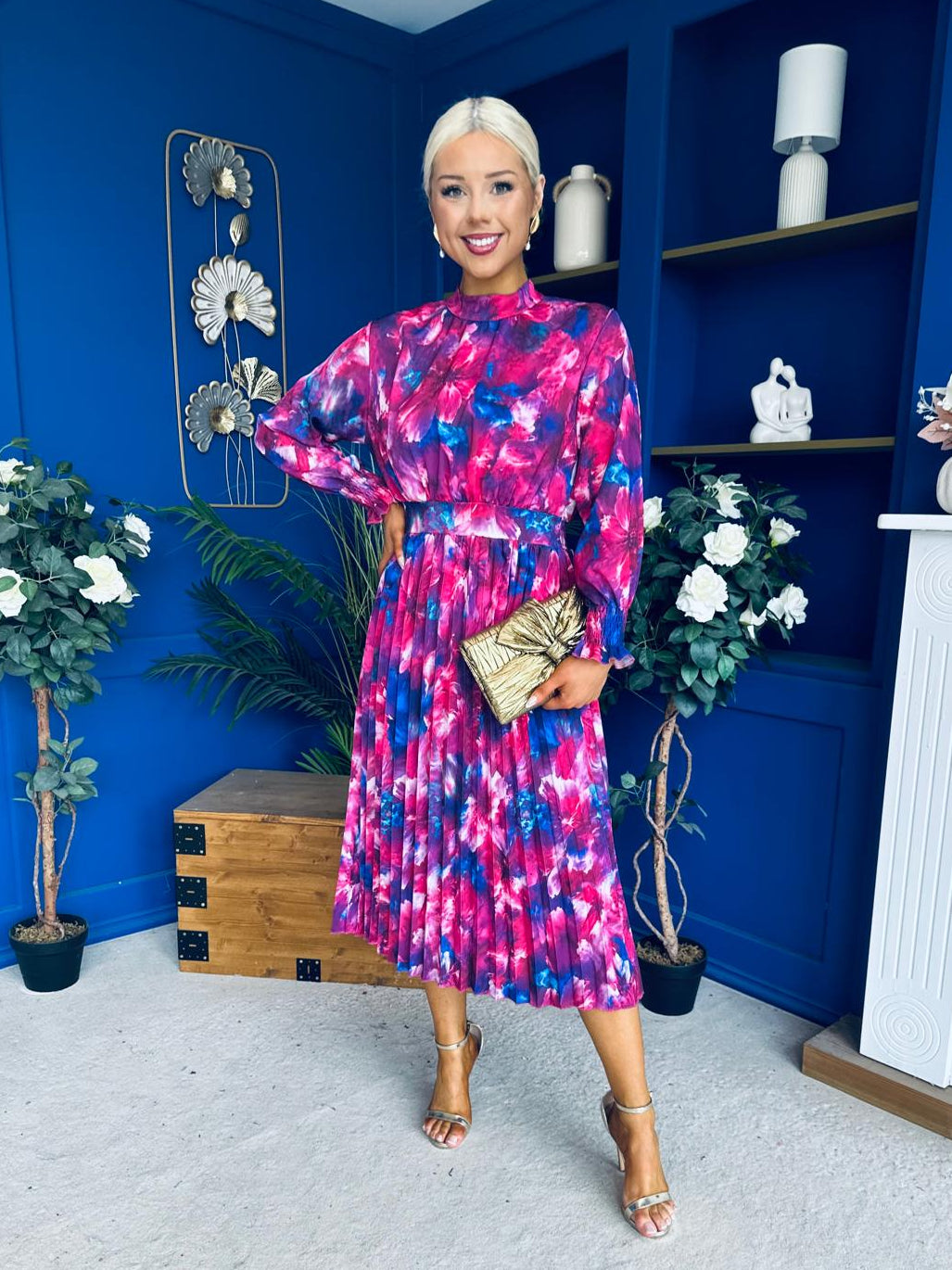 Maeve Pleated Midi Dress Floral Fuchsia