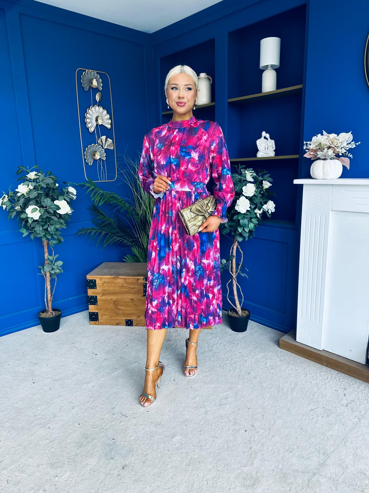 Maeve Pleated Midi Dress Floral Fuchsia
