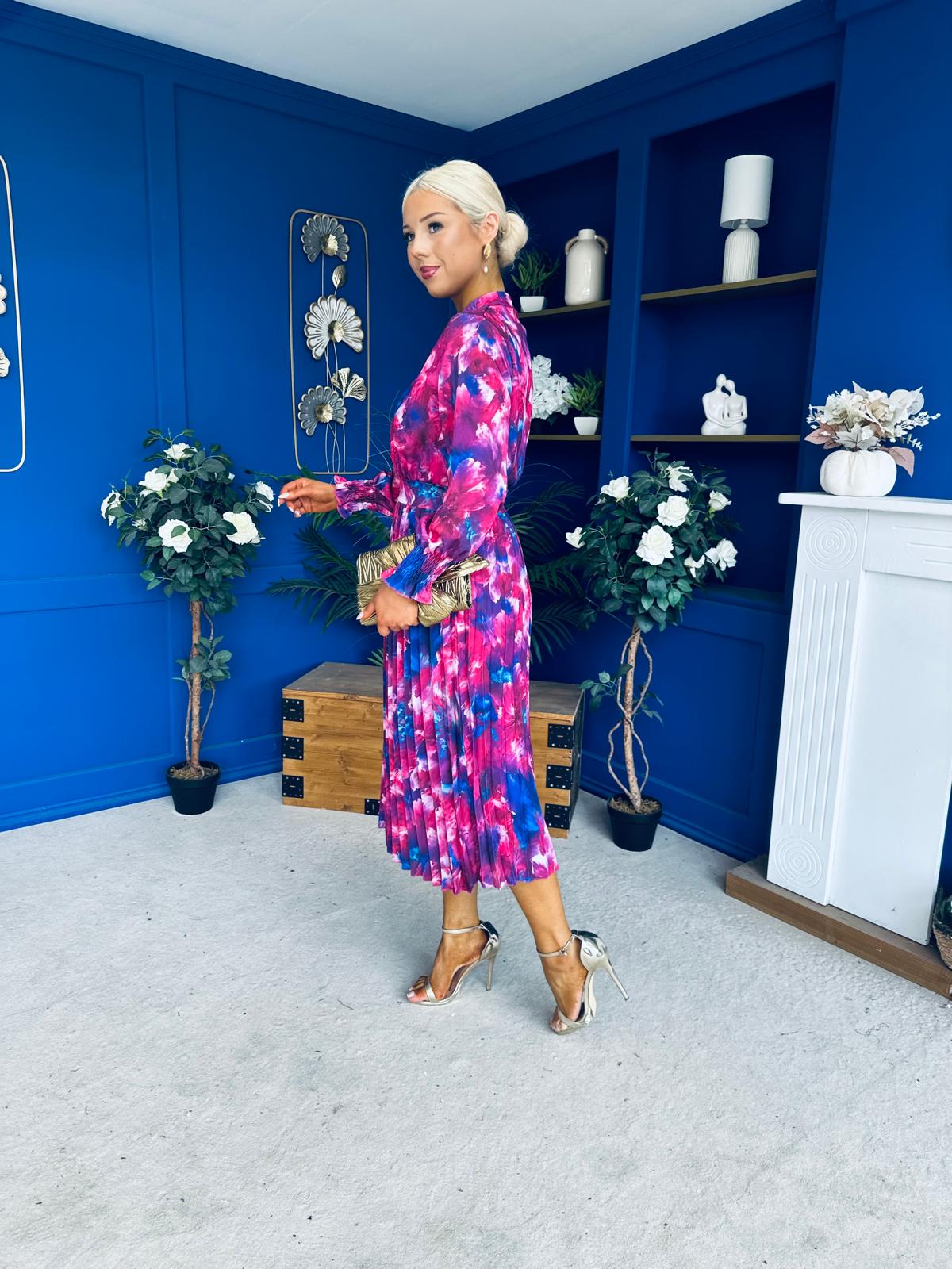 Maeve Pleated Midi Dress Floral Fuchsia