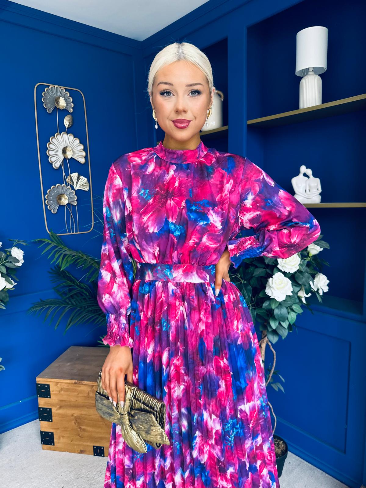 Maeve Pleated Midi Dress Floral Fuchsia