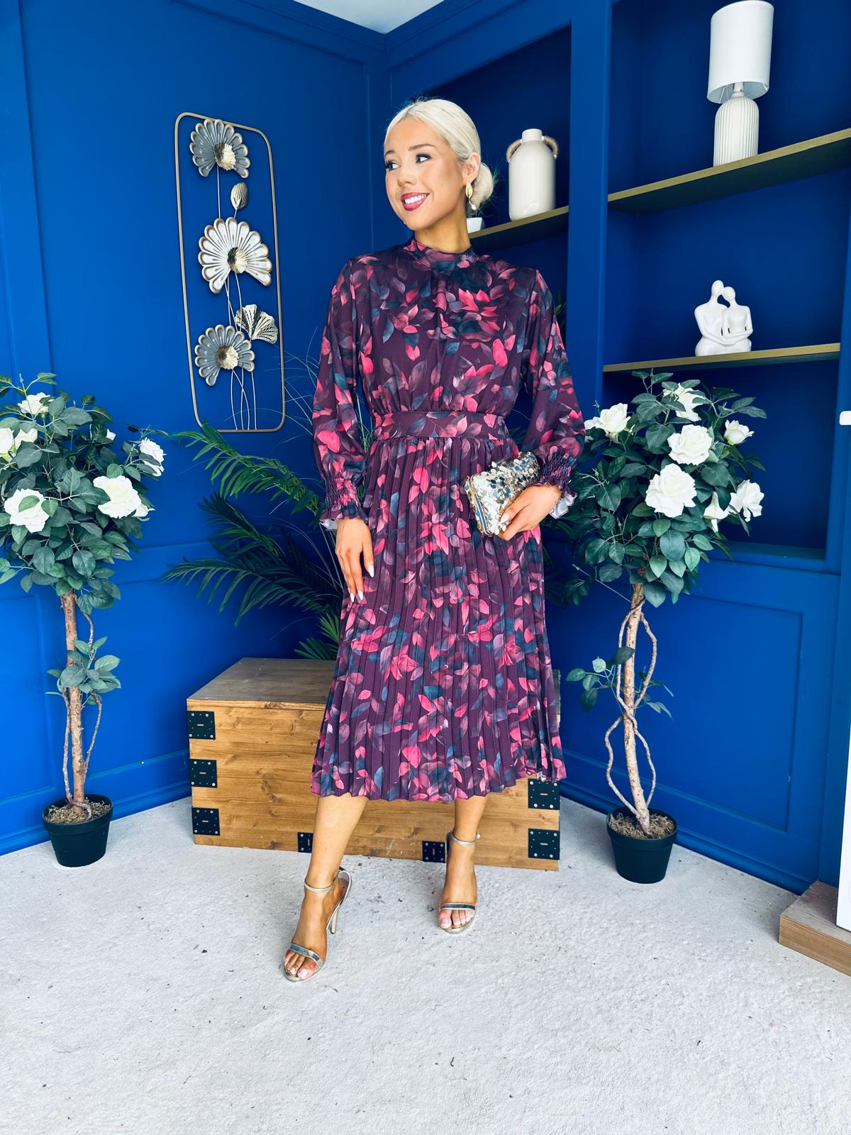 Maeve Pleated Midi Dress Floral Burgundy