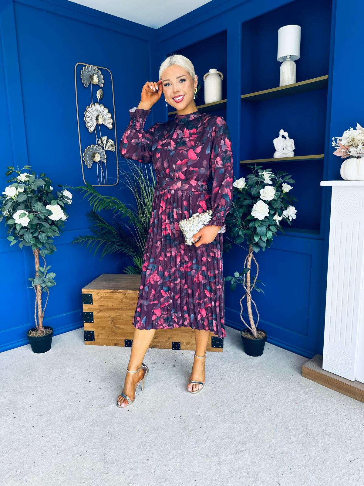 Maeve Pleated Midi Dress Floral Burgundy