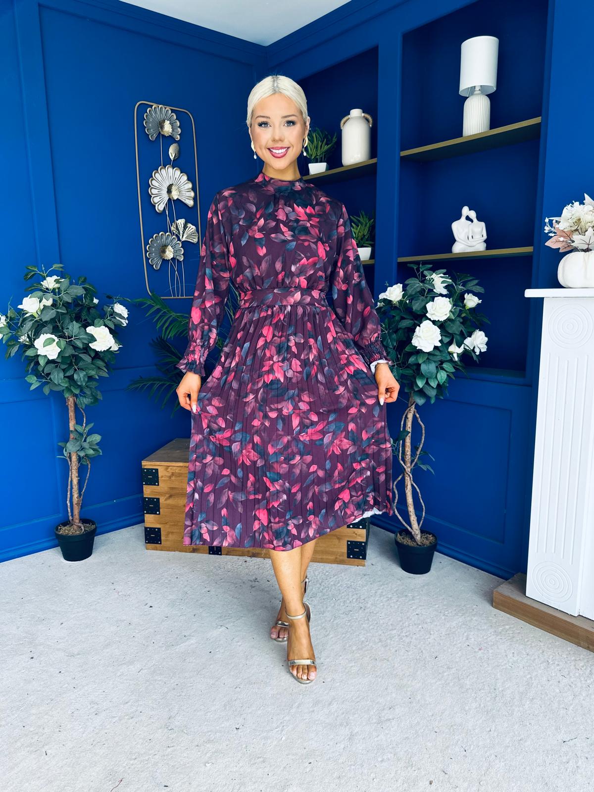 Maeve Pleated Midi Dress Floral Burgundy