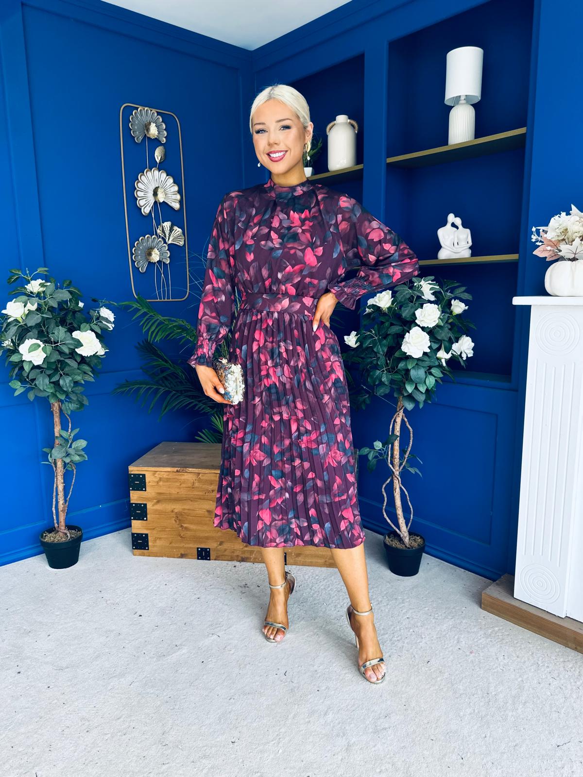 Maeve Pleated Midi Dress Floral Burgundy