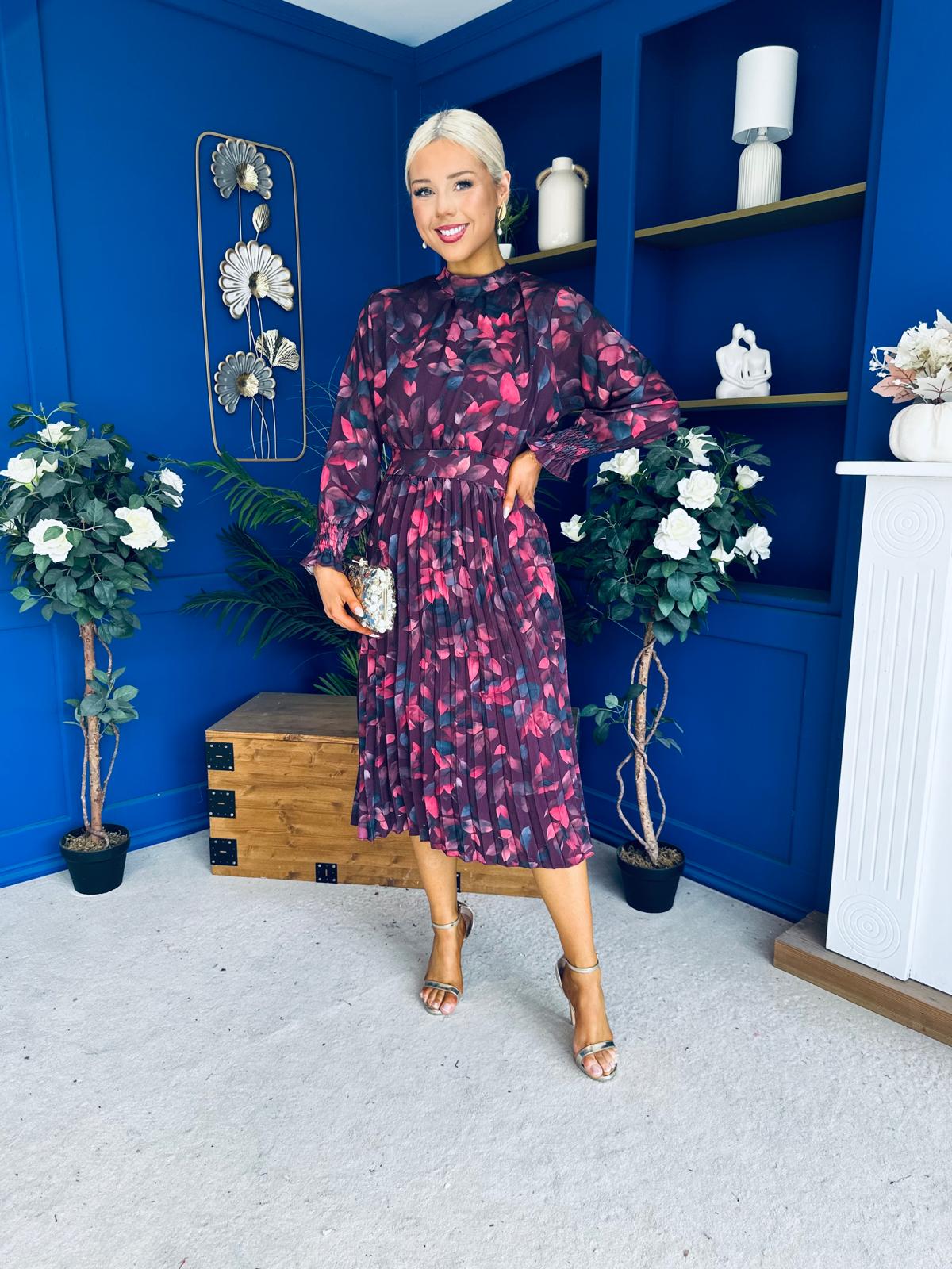 Maeve Pleated Midi Dress Floral Burgundy