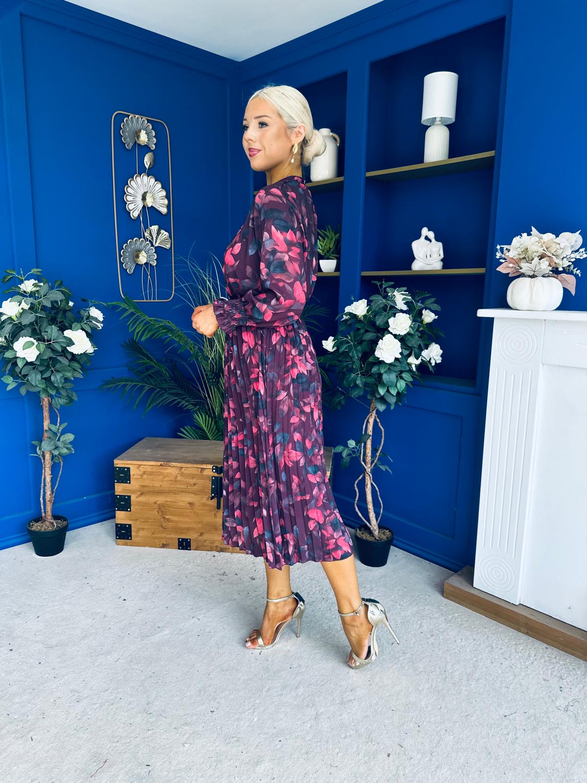 Maeve Pleated Midi Dress Floral Burgundy