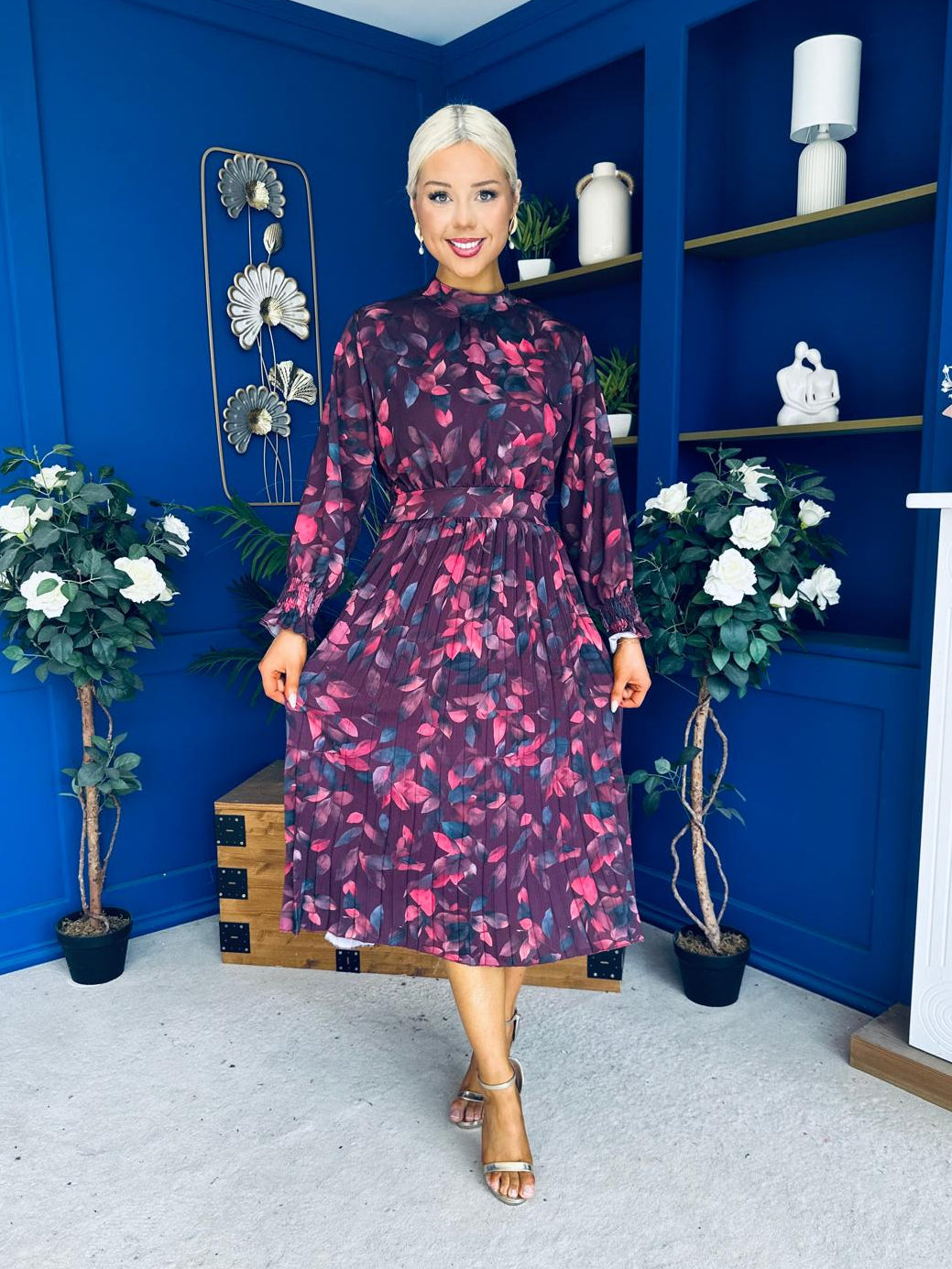 Maeve Pleated Midi Dress Floral Burgundy