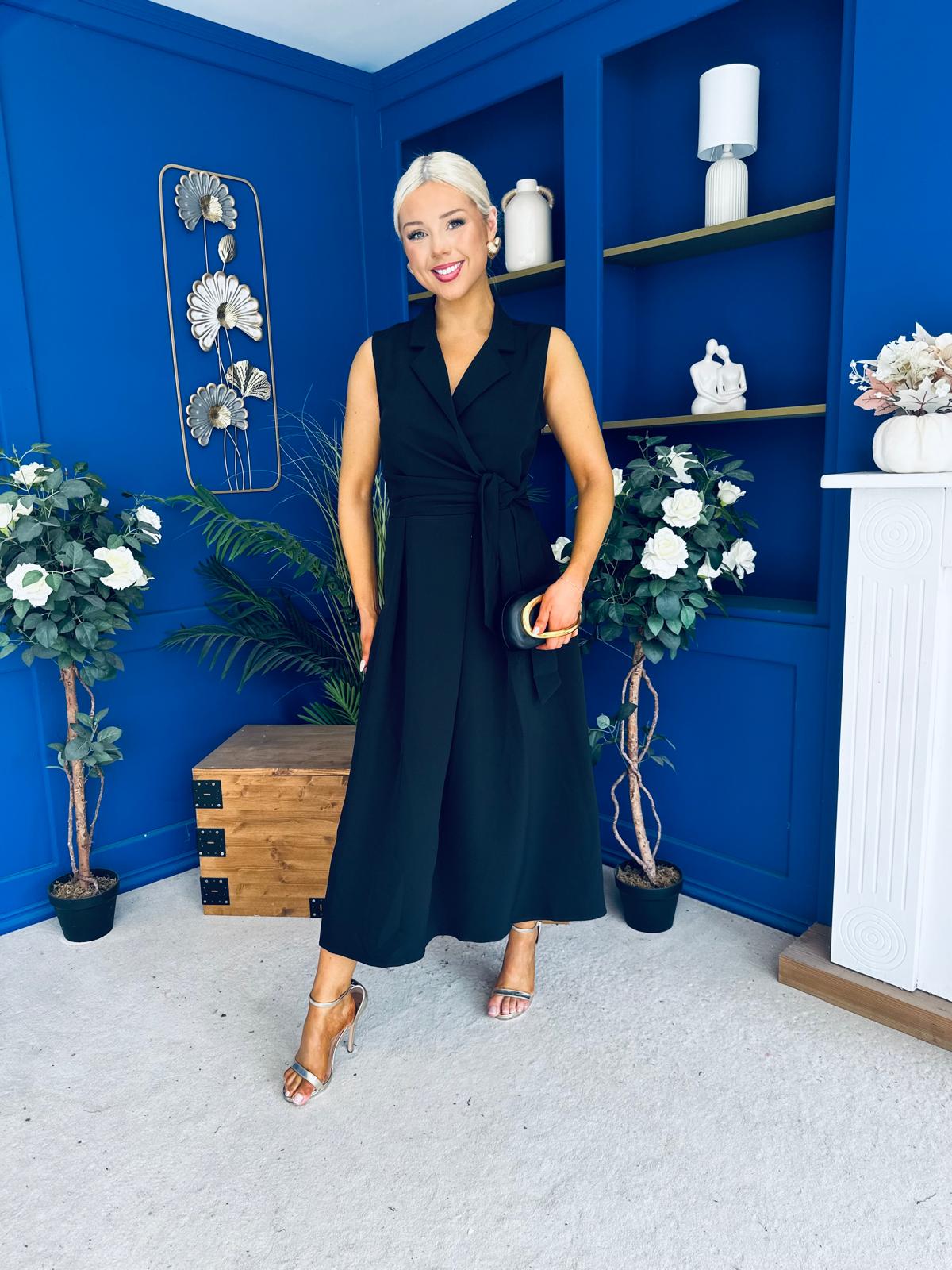 Kia Tie Detail Tailored Midi Dress Black