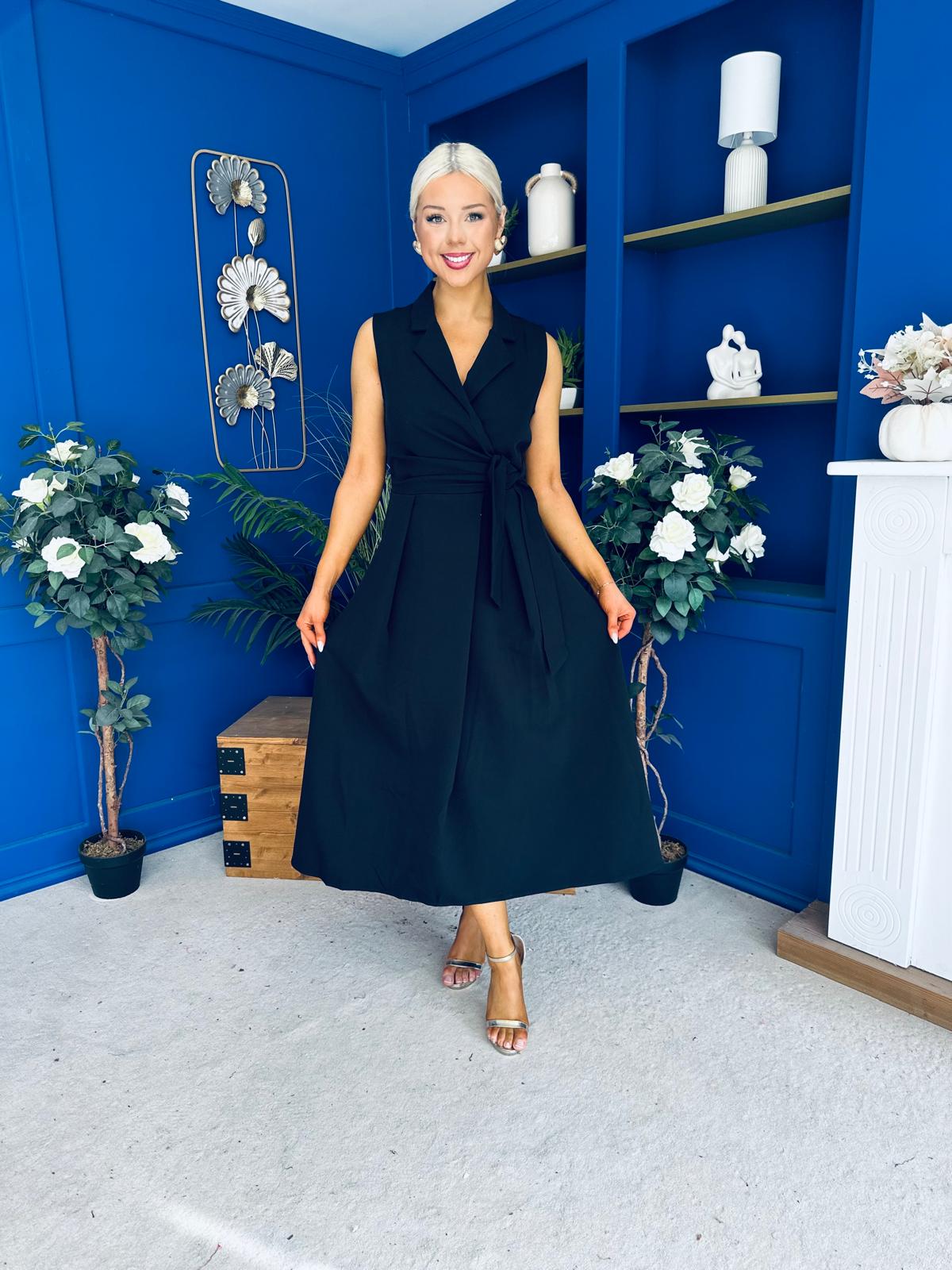 Kia Tie Detail Tailored Midi Dress Black