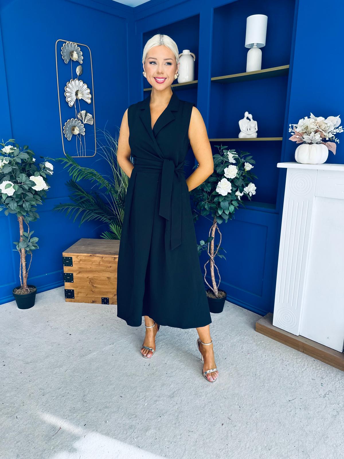 Kia Tie Detail Tailored Midi Dress Black