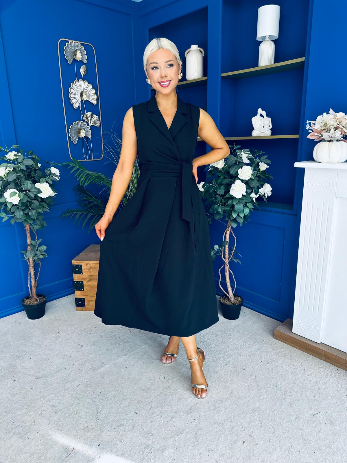 Kia Tie Detail Tailored Midi Dress Black