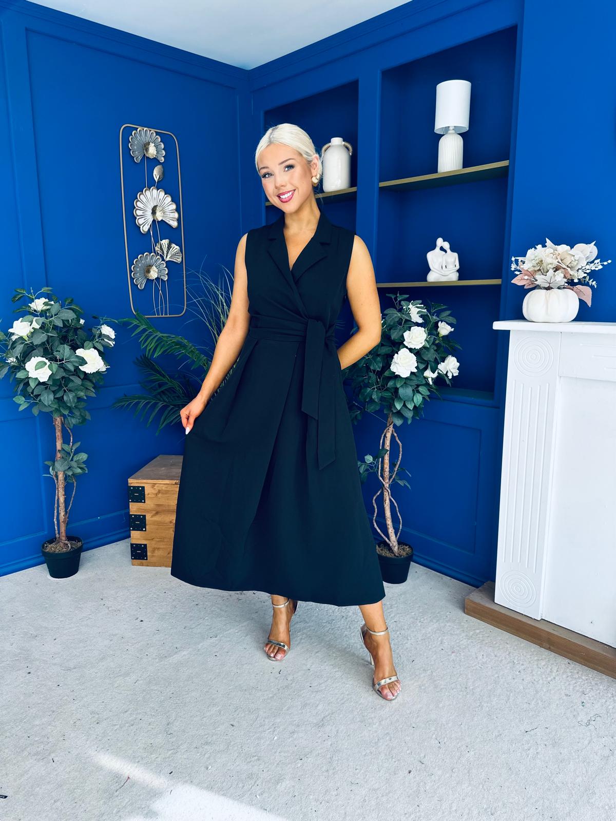 Kia Tie Detail Tailored Midi Dress Black