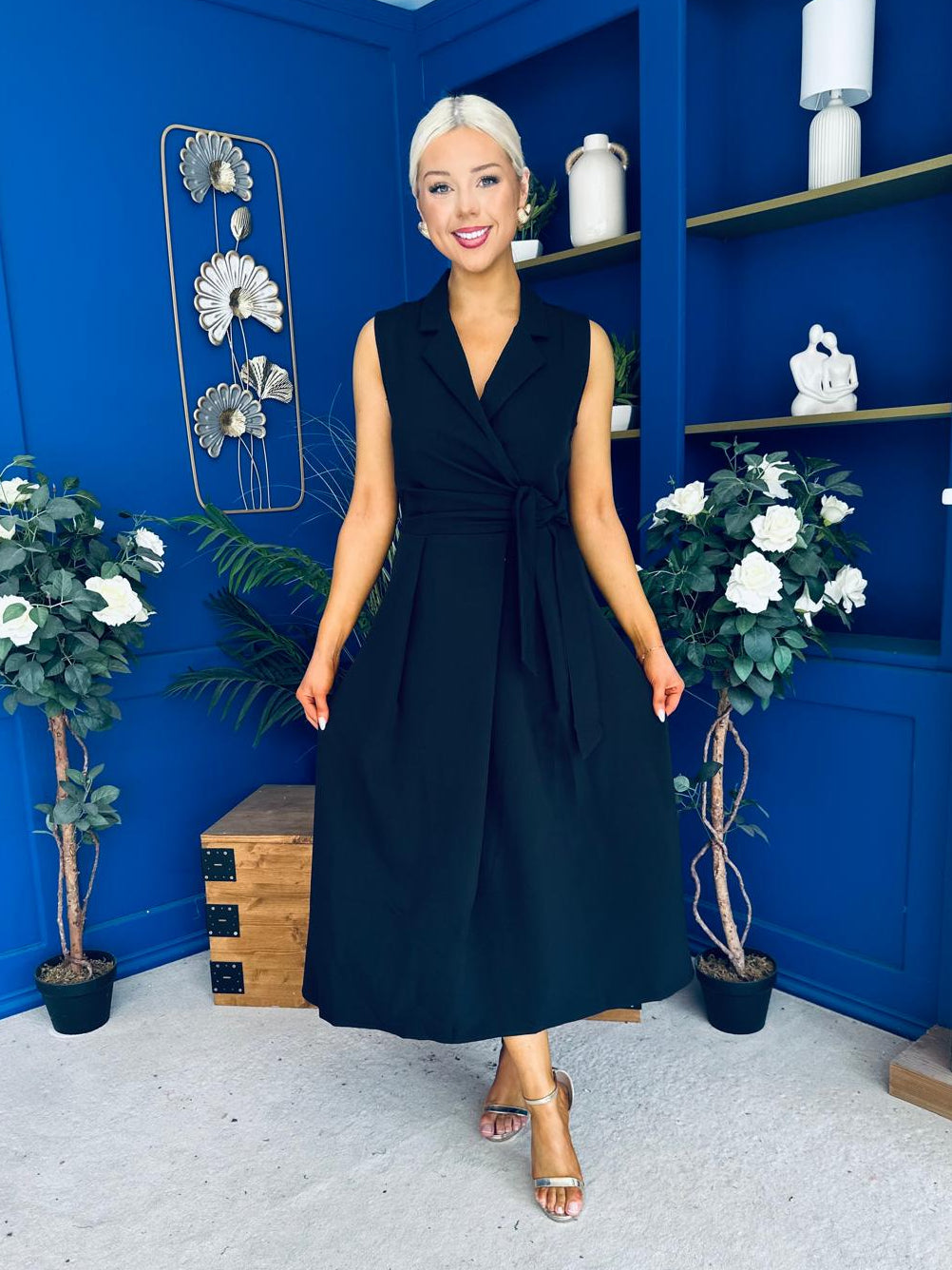 Kia Tie Detail Tailored Midi Dress Black