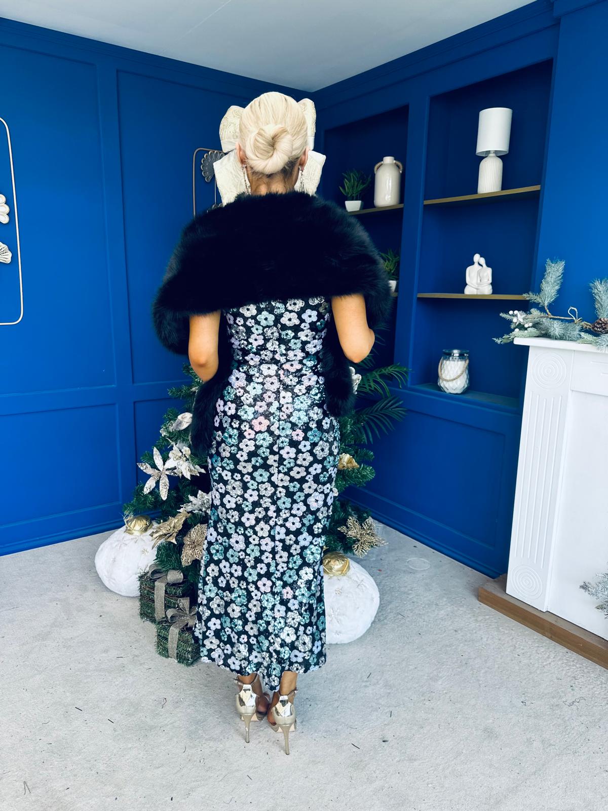 Lisbon Square Neck Sequin Midi Dress Black