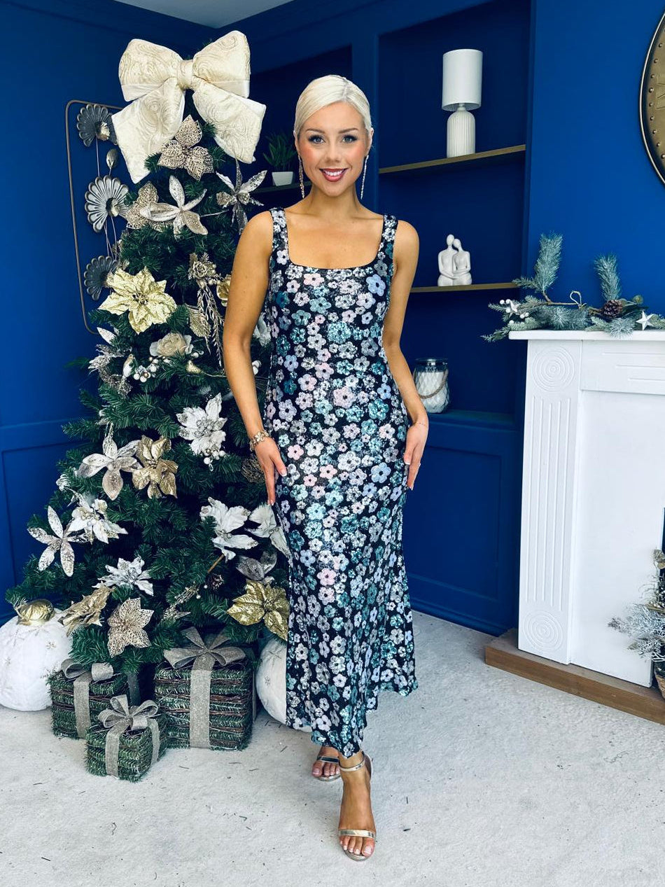 Lisbon Square Neck Sequin Midi Dress Black