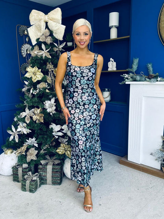 Lisbon Square Neck Sequin Midi Dress Black