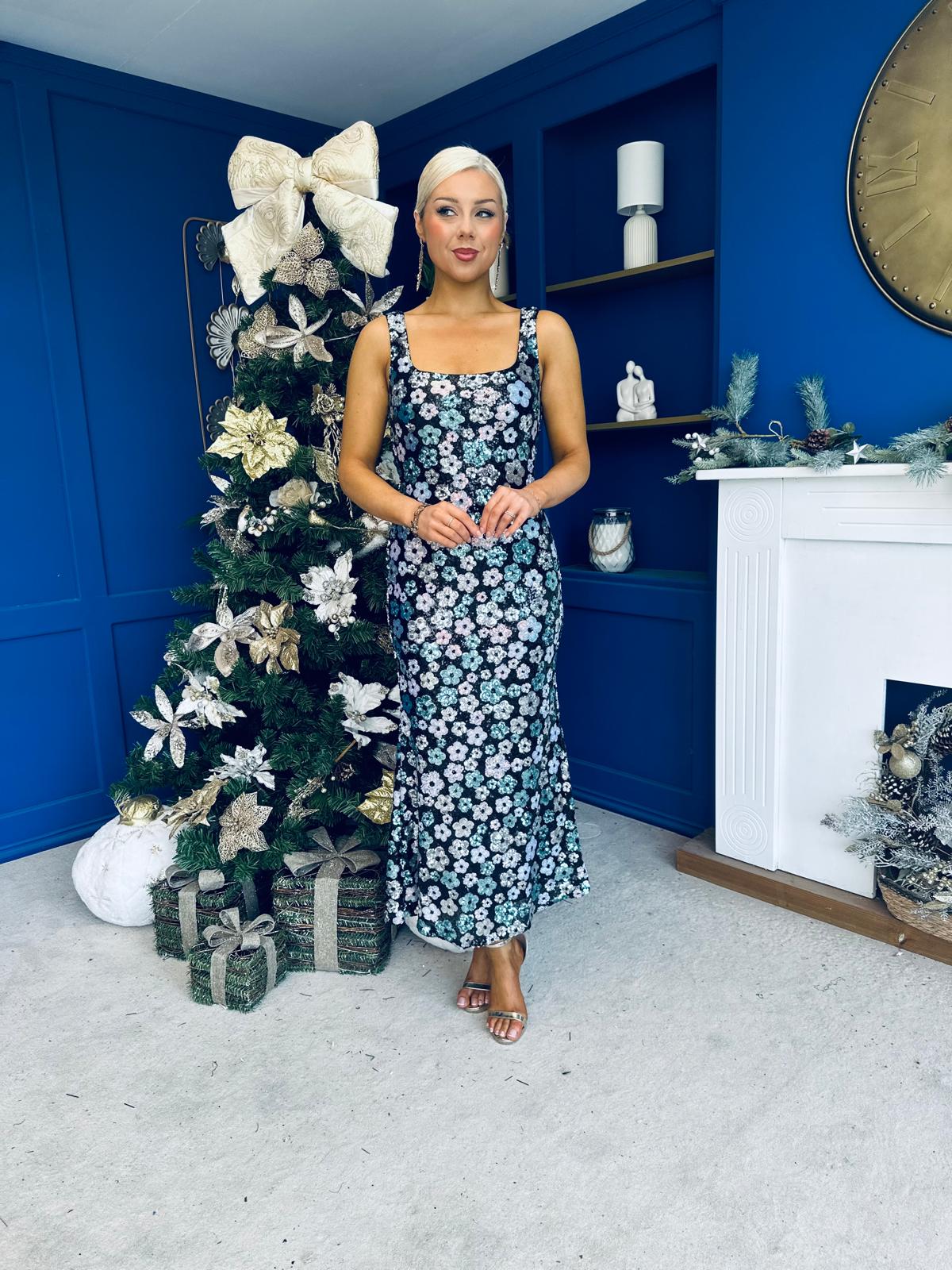 Lisbon Square Neck Sequin Midi Dress Black