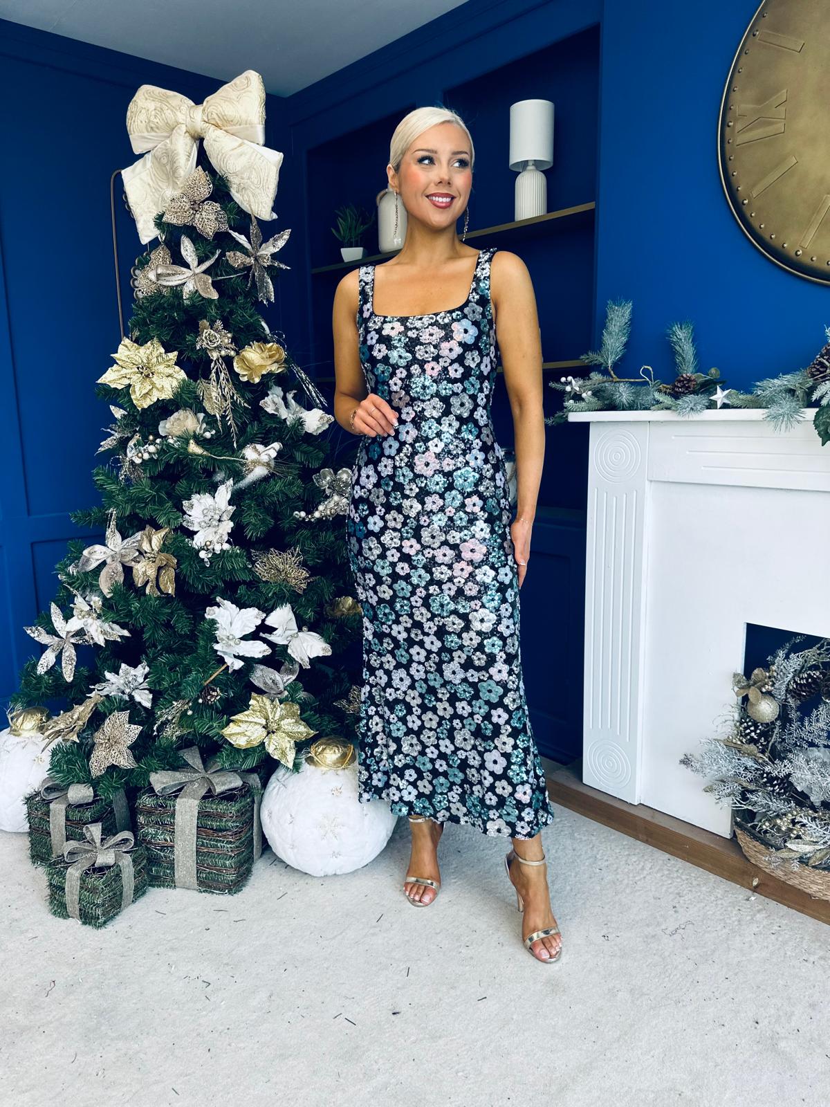 Lisbon Square Neck Sequin Midi Dress Black