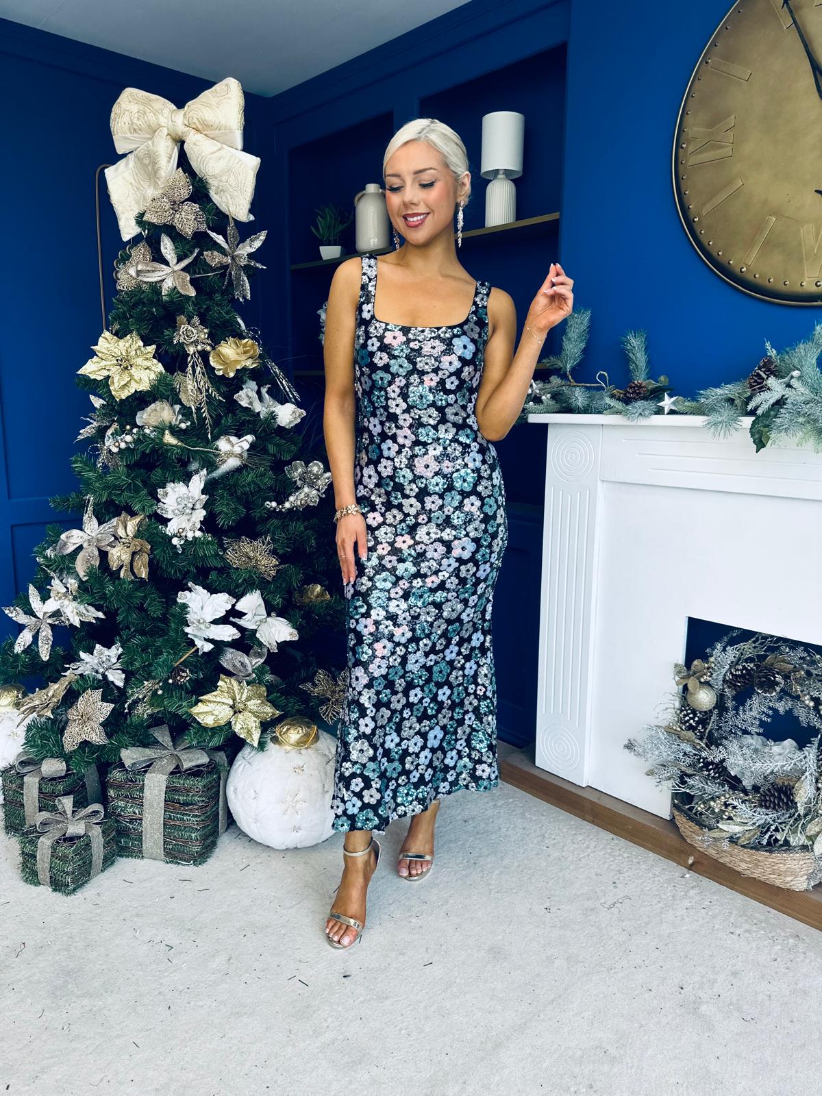 Lisbon Square Neck Sequin Midi Dress Black