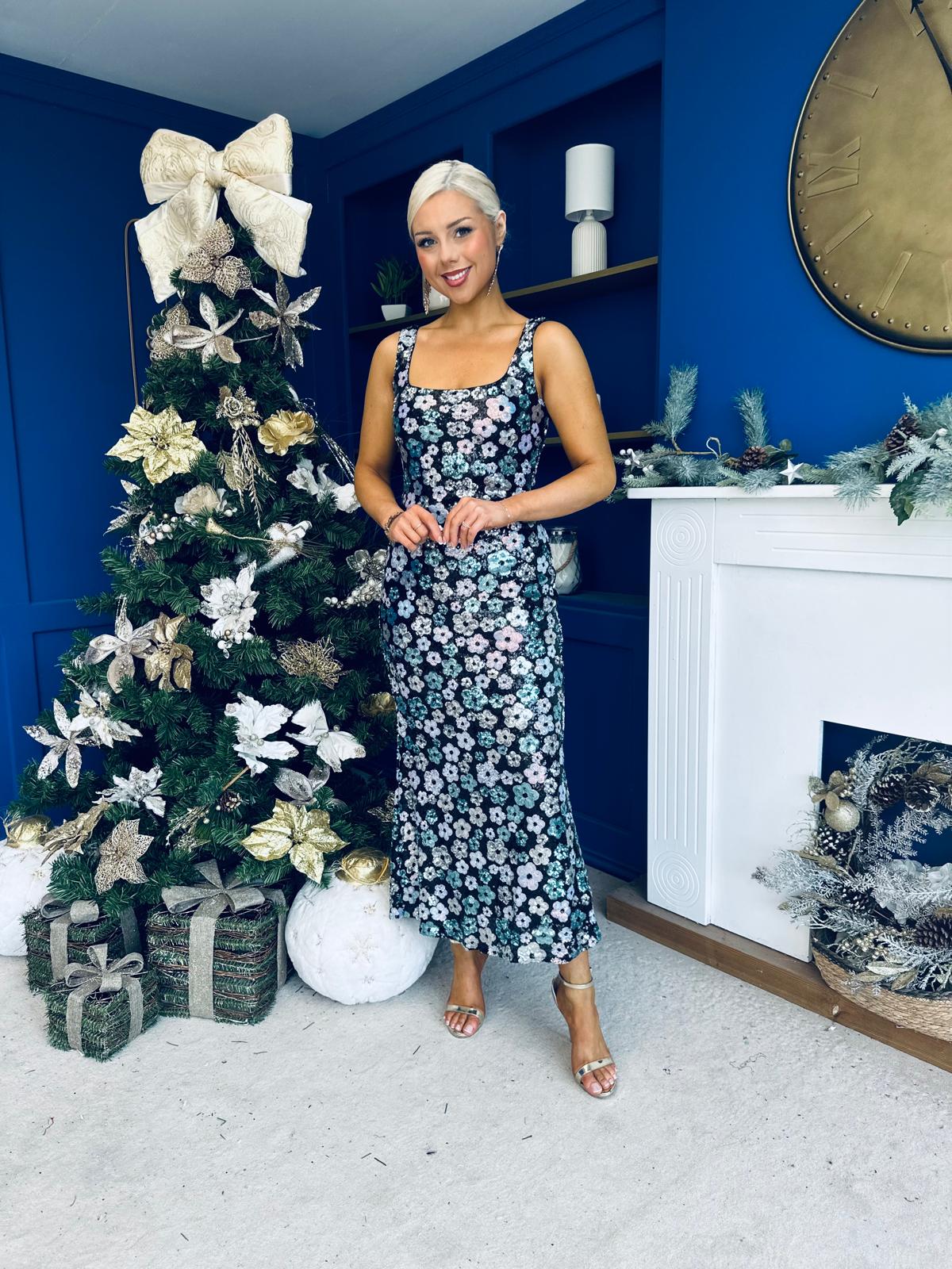 Lisbon Square Neck Sequin Midi Dress Black