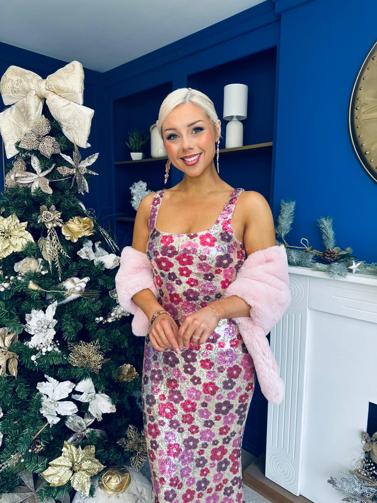 Lisbon Square Neck Sequin Midi Dress Pink