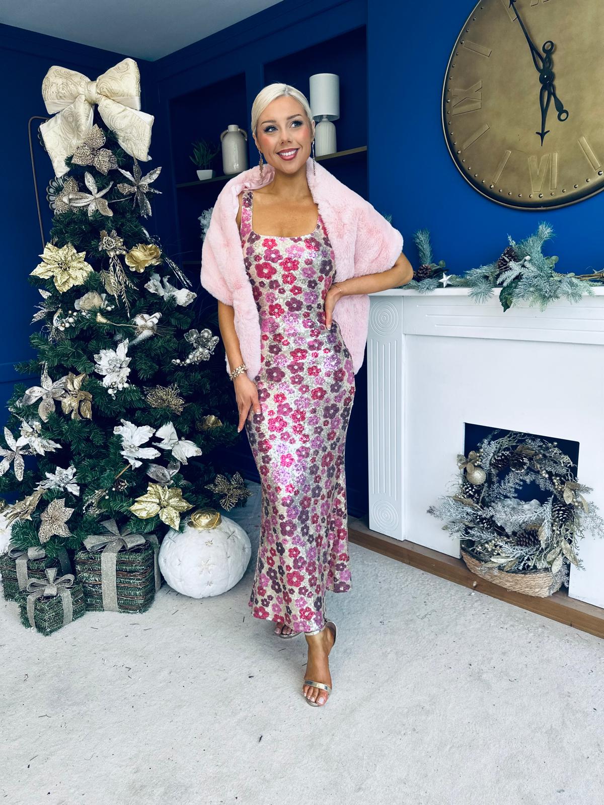 Lisbon Square Neck Sequin Midi Dress Pink