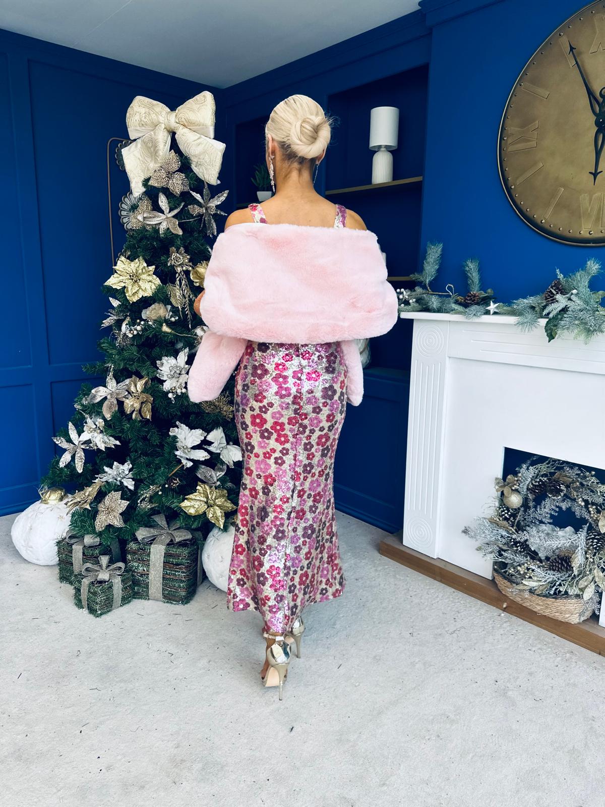 Lisbon Square Neck Sequin Midi Dress Pink