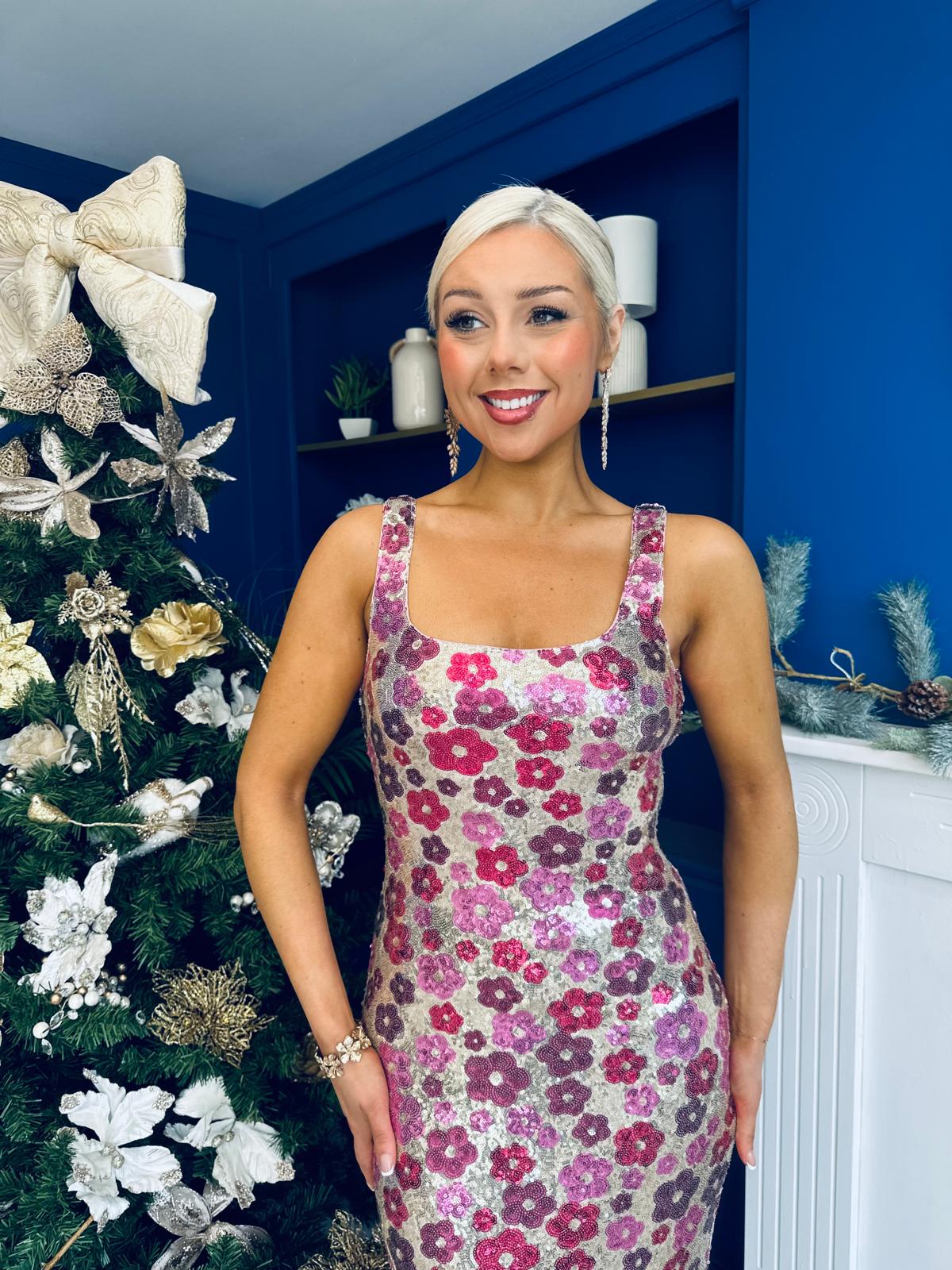 Lisbon Square Neck Sequin Midi Dress Pink