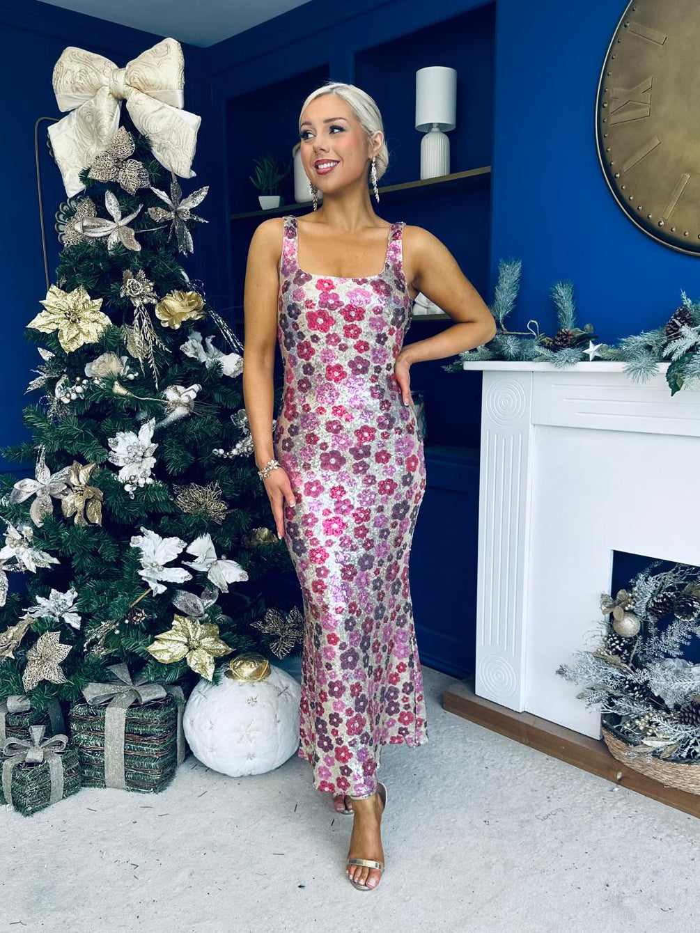 Lisbon Square Neck Sequin Midi Dress Pink
