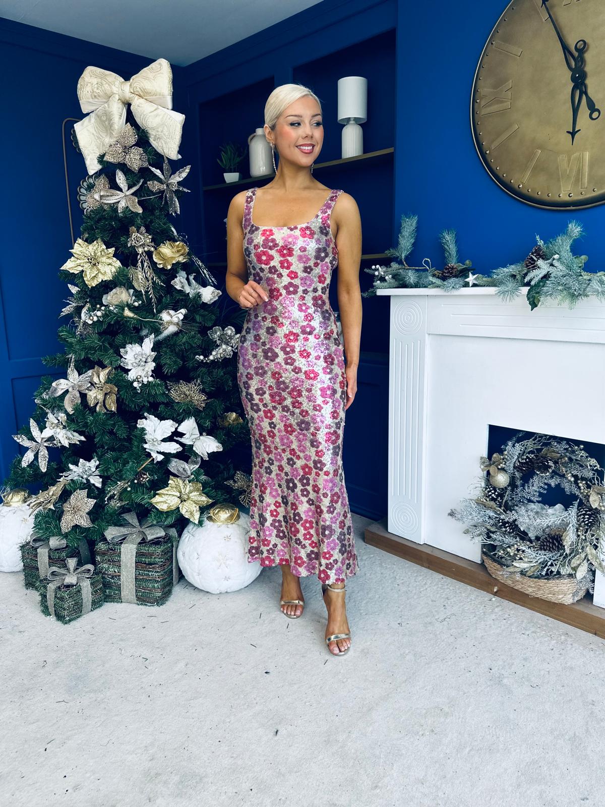Lisbon Square Neck Sequin Midi Dress Pink