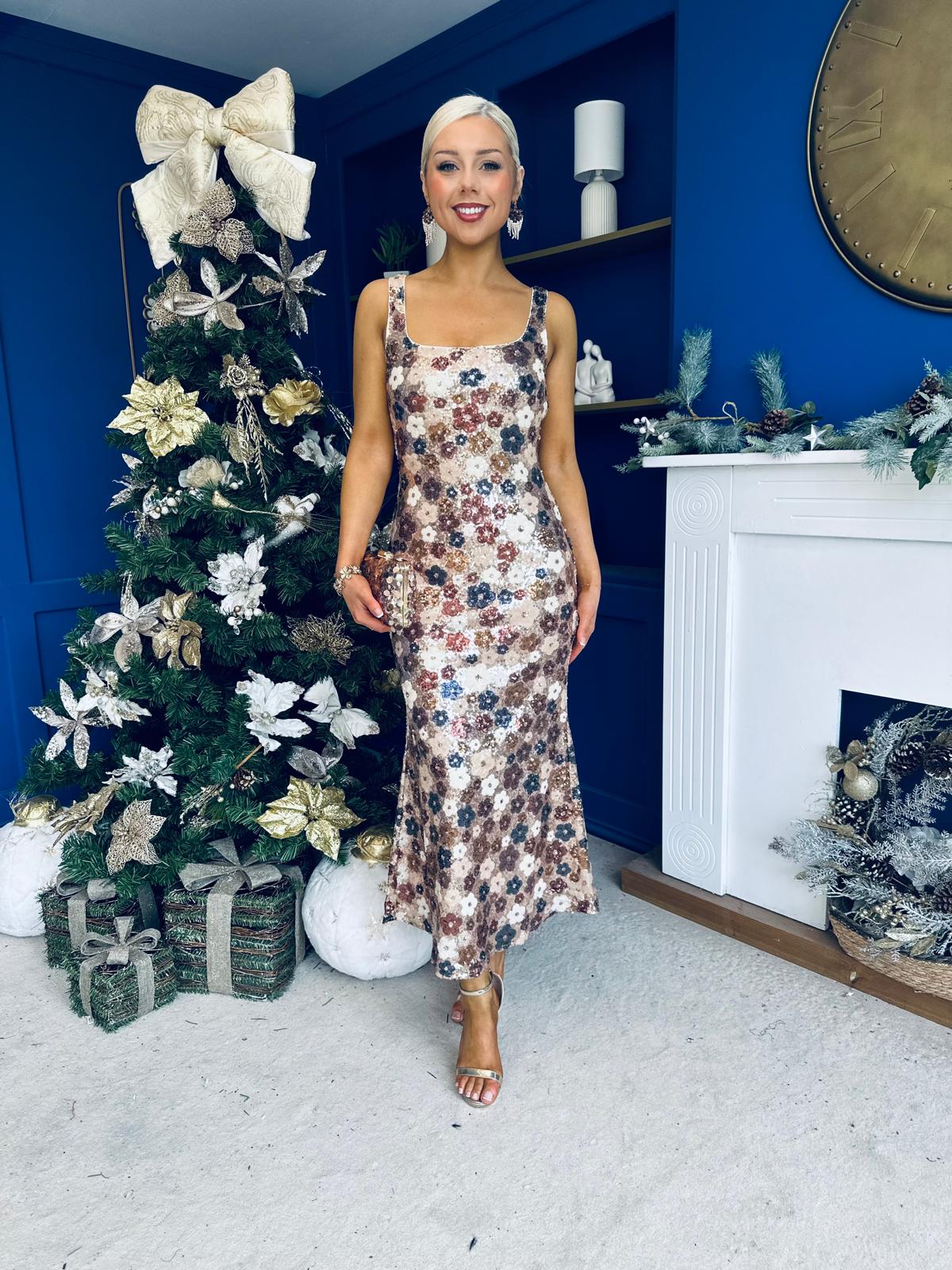Lisbon Square Neck Sequin Midi Dress Gold