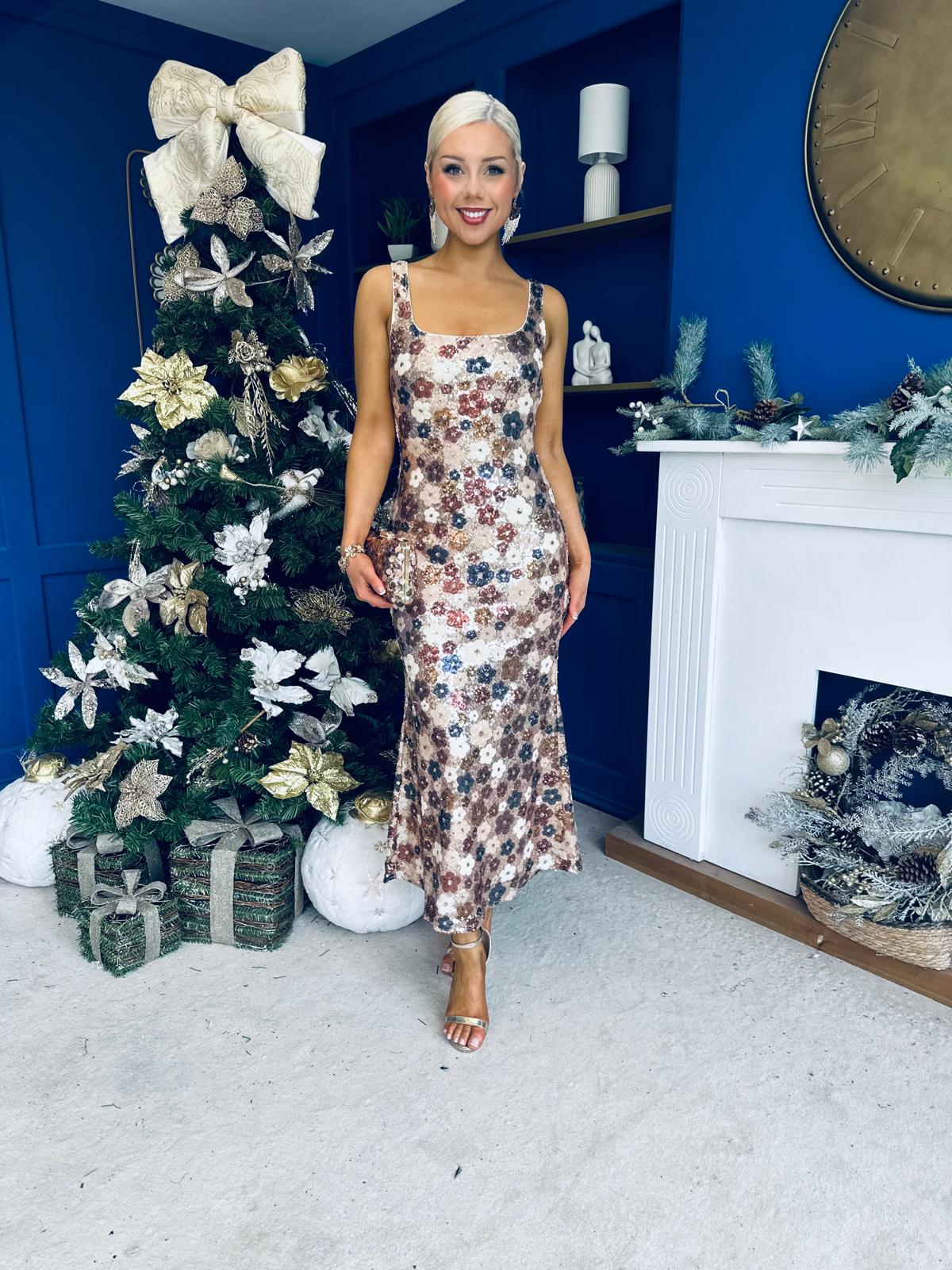 Lisbon Square Neck Sequin Midi Dress Gold
