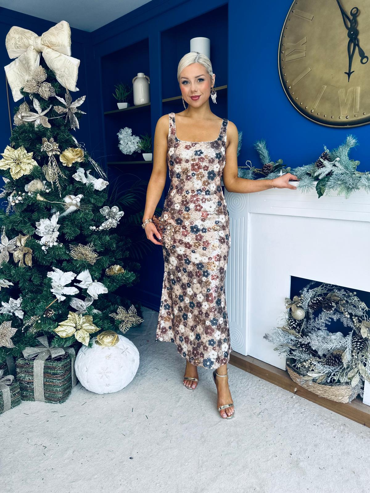 Lisbon Square Neck Sequin Midi Dress Gold
