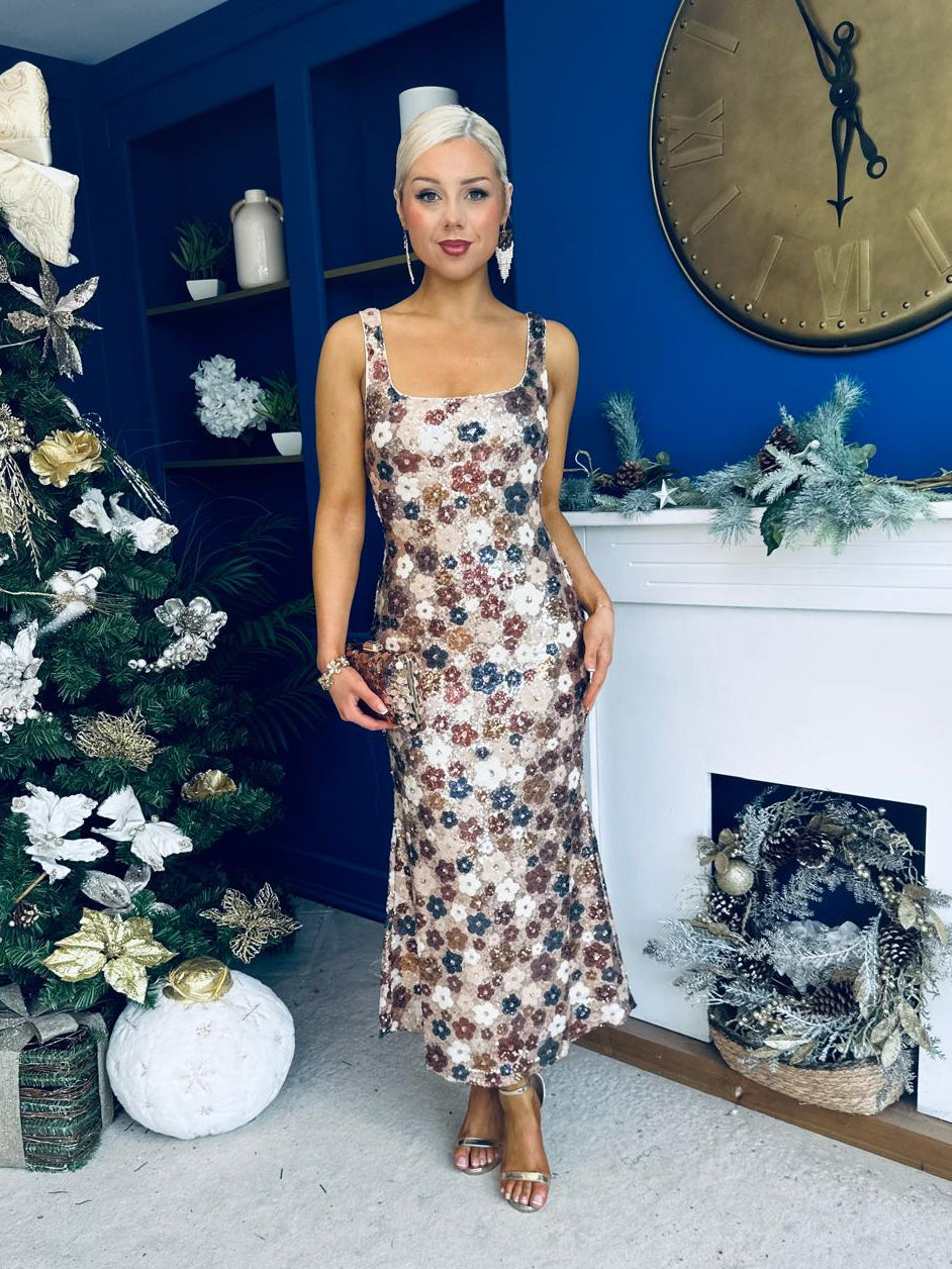 Lisbon Square Neck Sequin Midi Dress Gold