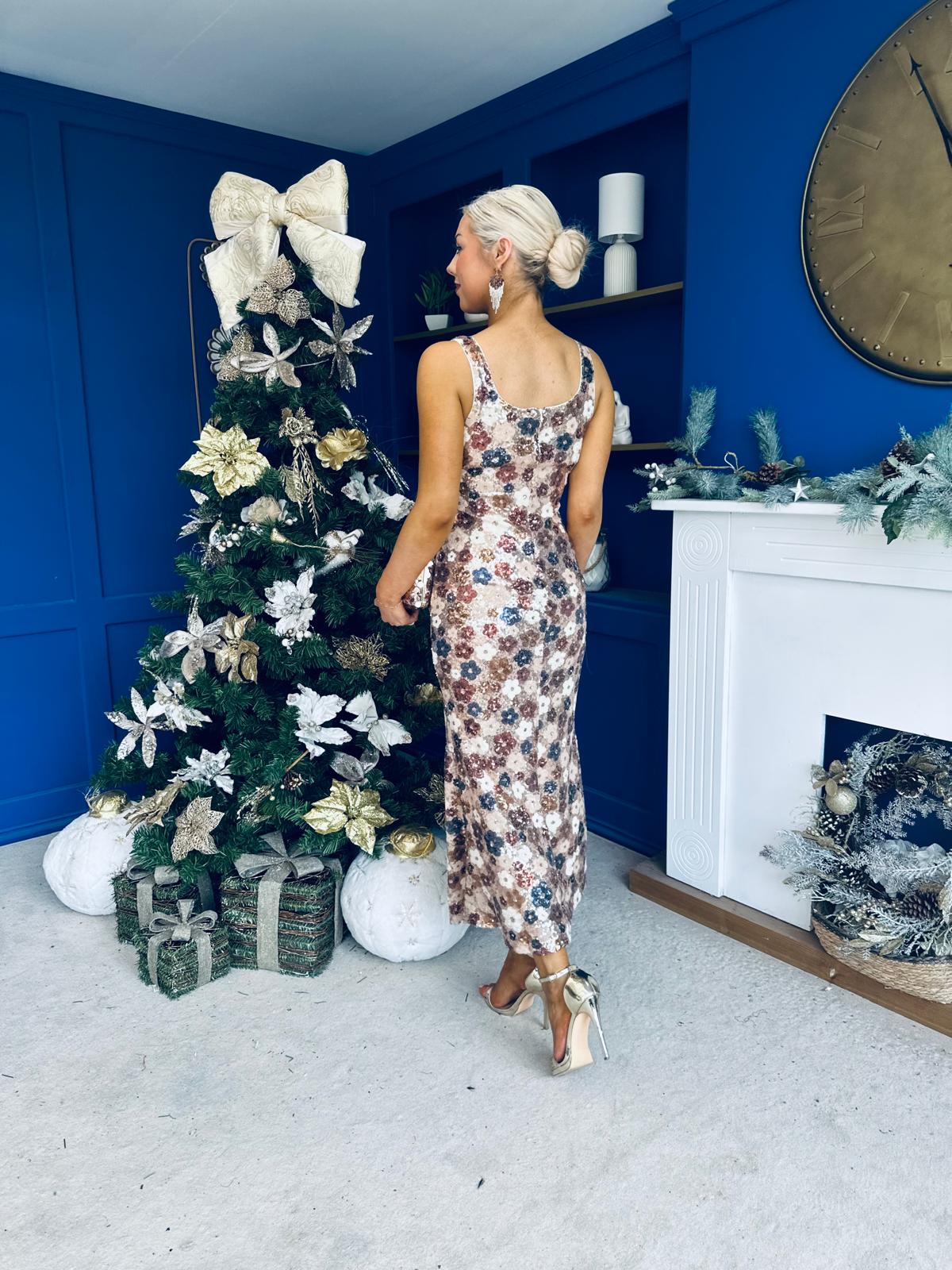 Lisbon Square Neck Sequin Midi Dress Gold